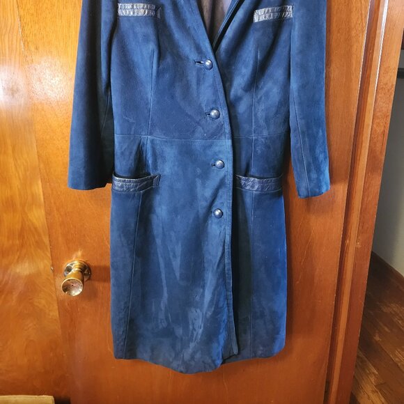 Women's Medium Beged-Or Blue Suede Leather Full Length Coat Made In Israel - Picture 2 of 14